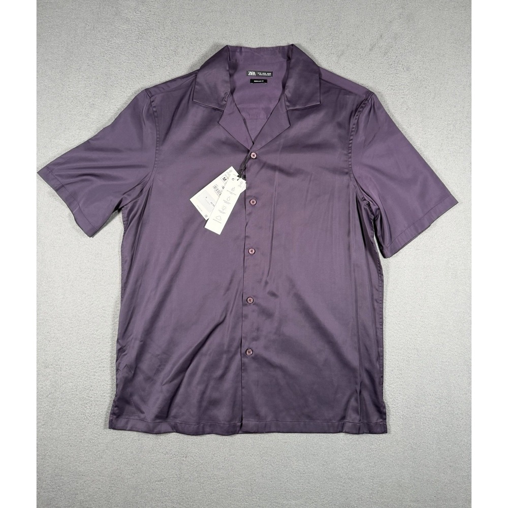 Zara Men Short Sleeve Camp Collar Button Up Shirt M Purple Satin 1161/300/610